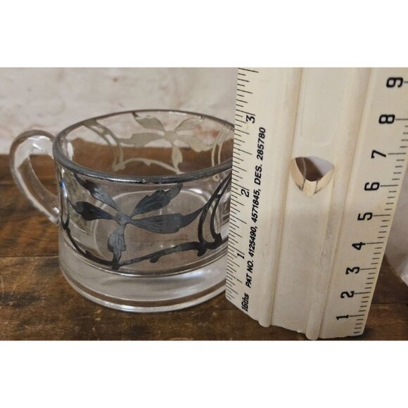 Antique Creamer & Sugar Set Clear Glass with Silver Overlay - Picture 7 of 9